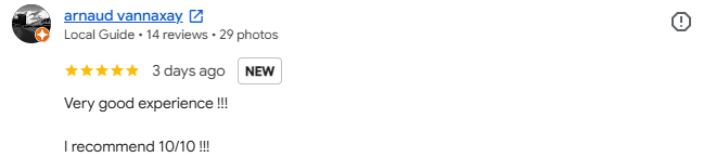 Google review, Lãn Ông, from Arnaud Vannaxay: Very good experience, I recommend 10/10