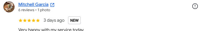 Google review from Mitchell Garcia, five stars, very happy with my service today
