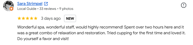 Google review from Sara Strimpel: Wonderful spa, wonderful staff, would highly recommend