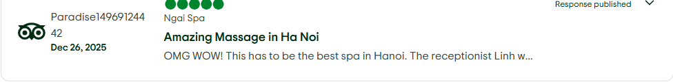 Tripadvisor review from Paradise149691244: OMG WOW! This has to be the best spa in Hanoi